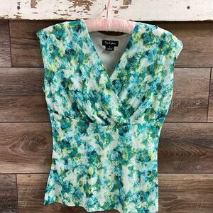 Nue Options Layerd Vneck Blouse,Size Small, Abstract Design,Green, Blue, White